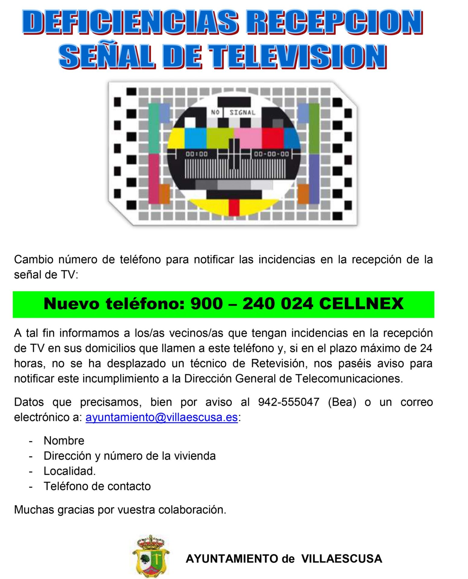 Imagen cartel de incidencias en televisión