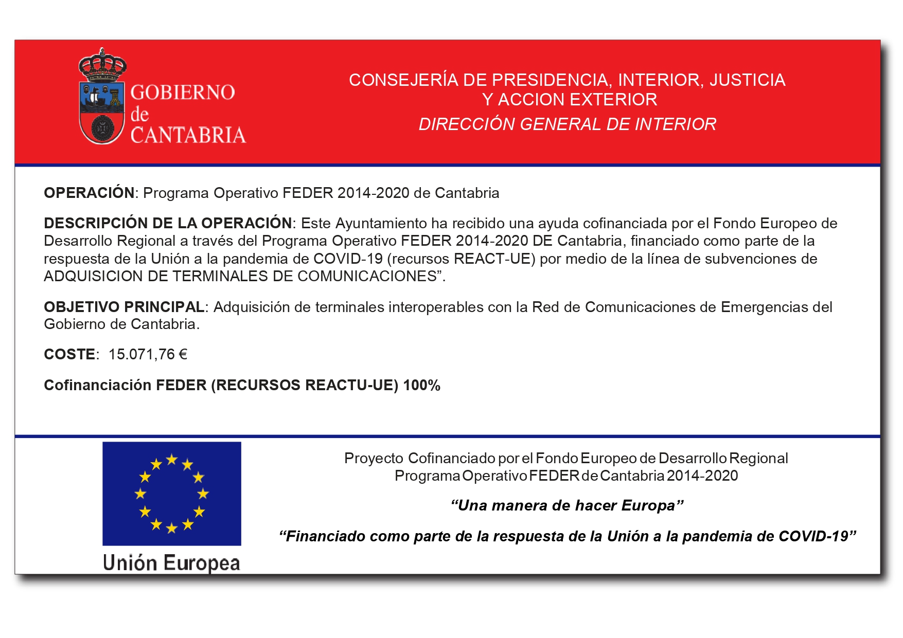 Cartel REACT UE Terminales de telecomunicaciones