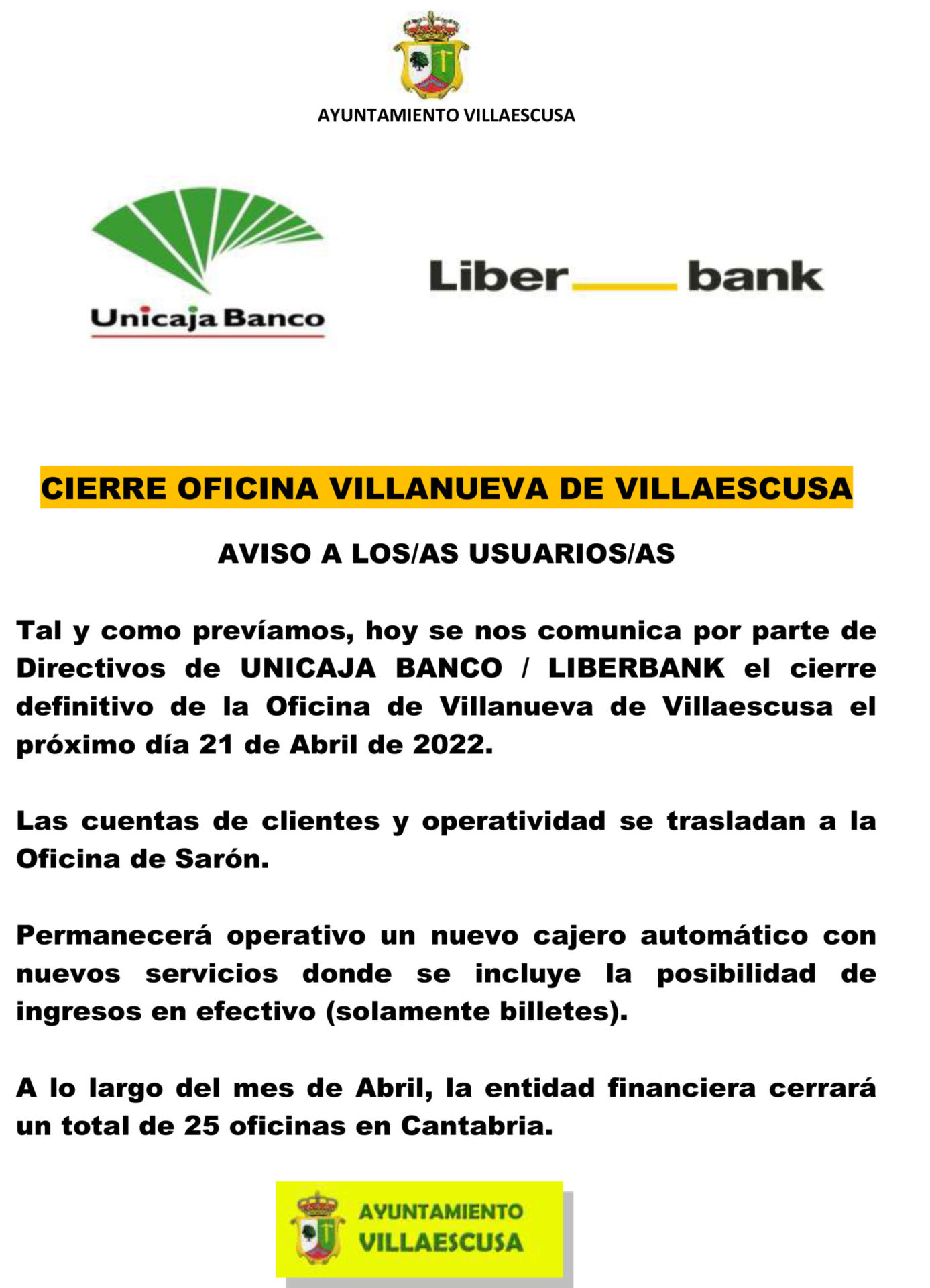 CARTEL CIERRE OFICINA LIBERBANK VILLANUEVA