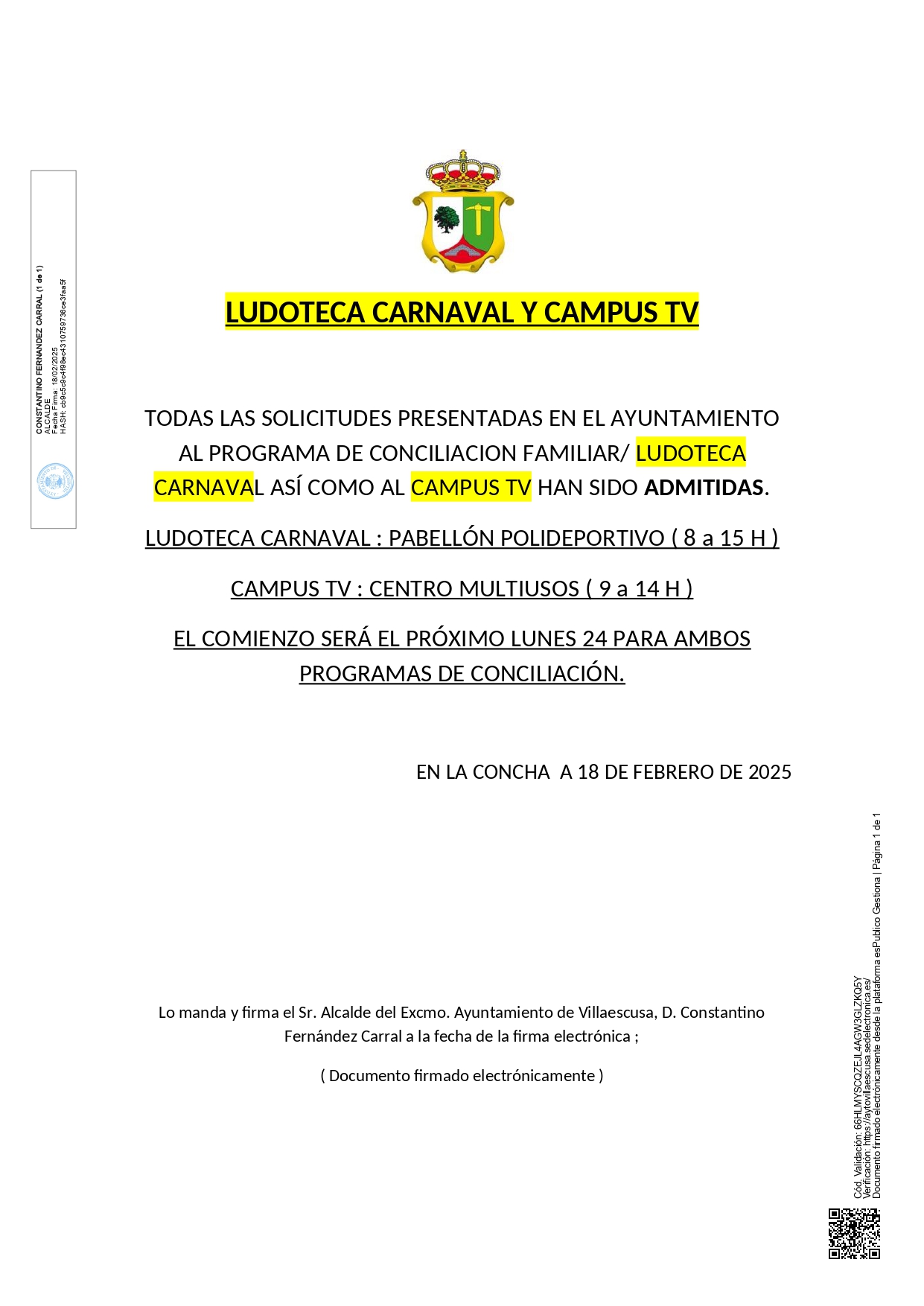 Comunicación Cartel admitidos y comienzo